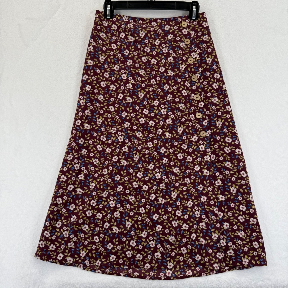 Good Luck Gem Floral A Line Skirt Button Accent Burgundy Midi Cottagecore Womens
